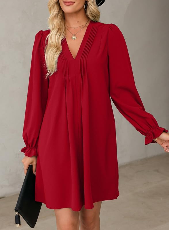 2025 New Womens Casual Ruffle Sleeve V Neck Pleated Flowy Shirt Dresses(BUY 2 FREE SHIPPING)