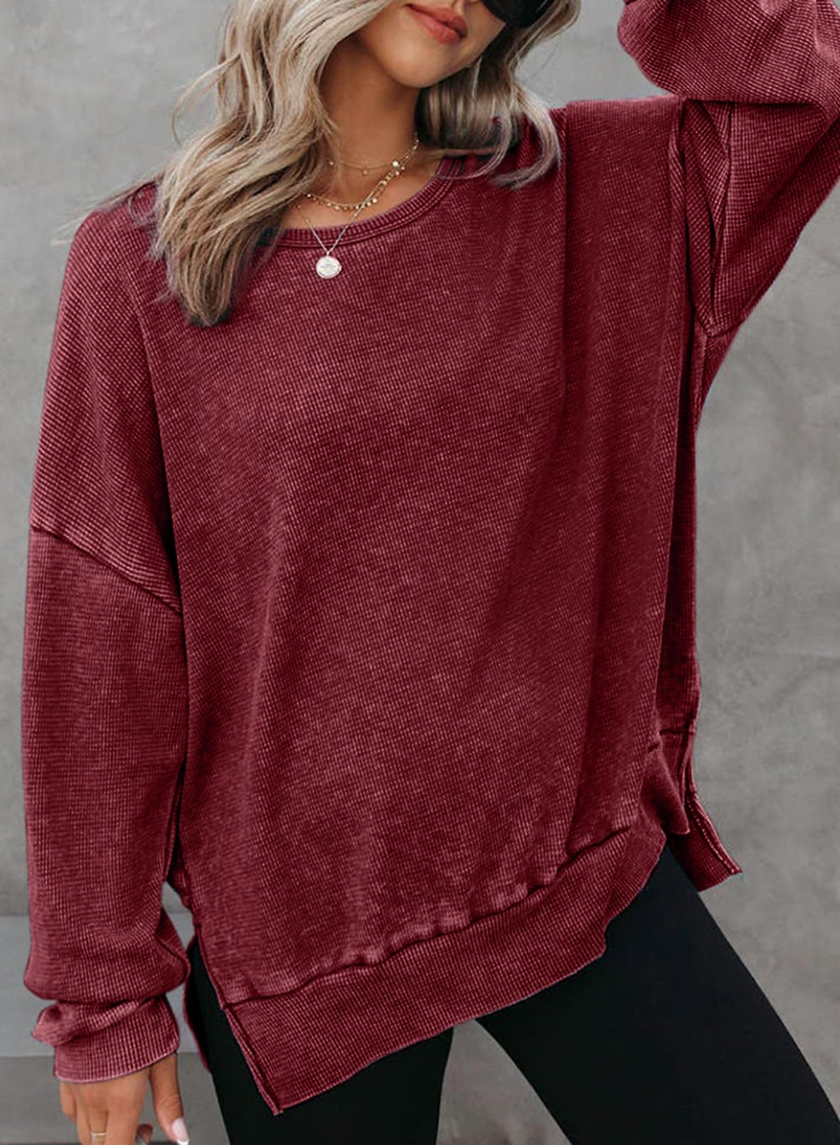 2024 New Women's Washed Waffle Knit Crewneck Sweatshirt(buy 2 10% OFF)