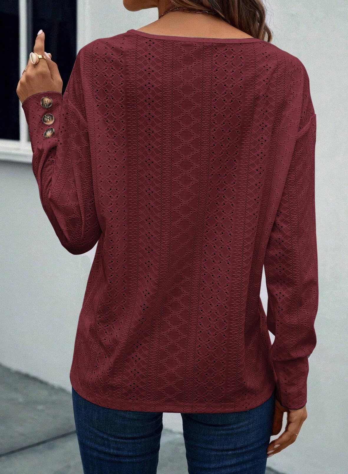 Women's Casual V Neck Long Sleeve Hollow Out Lace Embroidered Tops