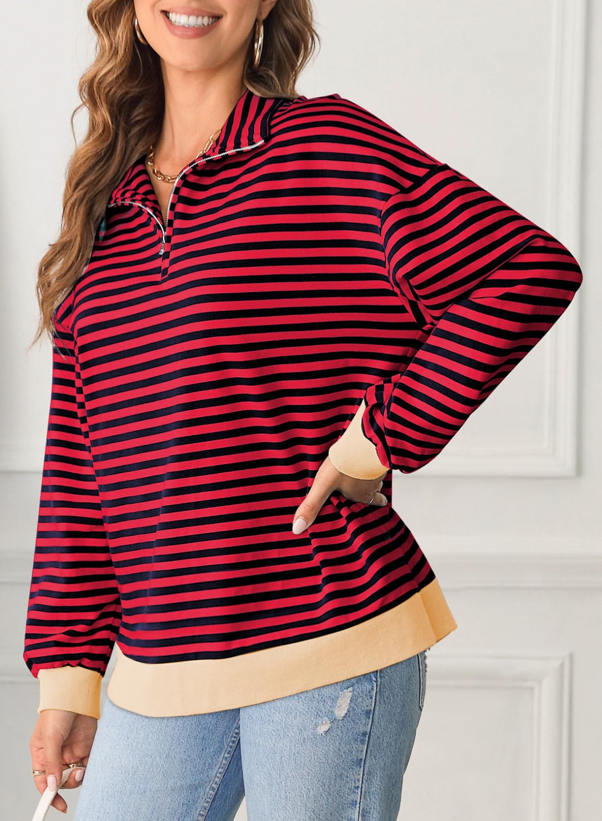 Women Casual Color Block Long Sleeve Shirts Quarter Zip Pullover