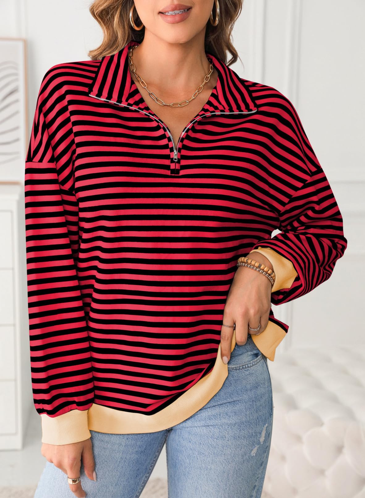 Women Casual Color Block Long Sleeve Shirts Quarter Zip Pullover
