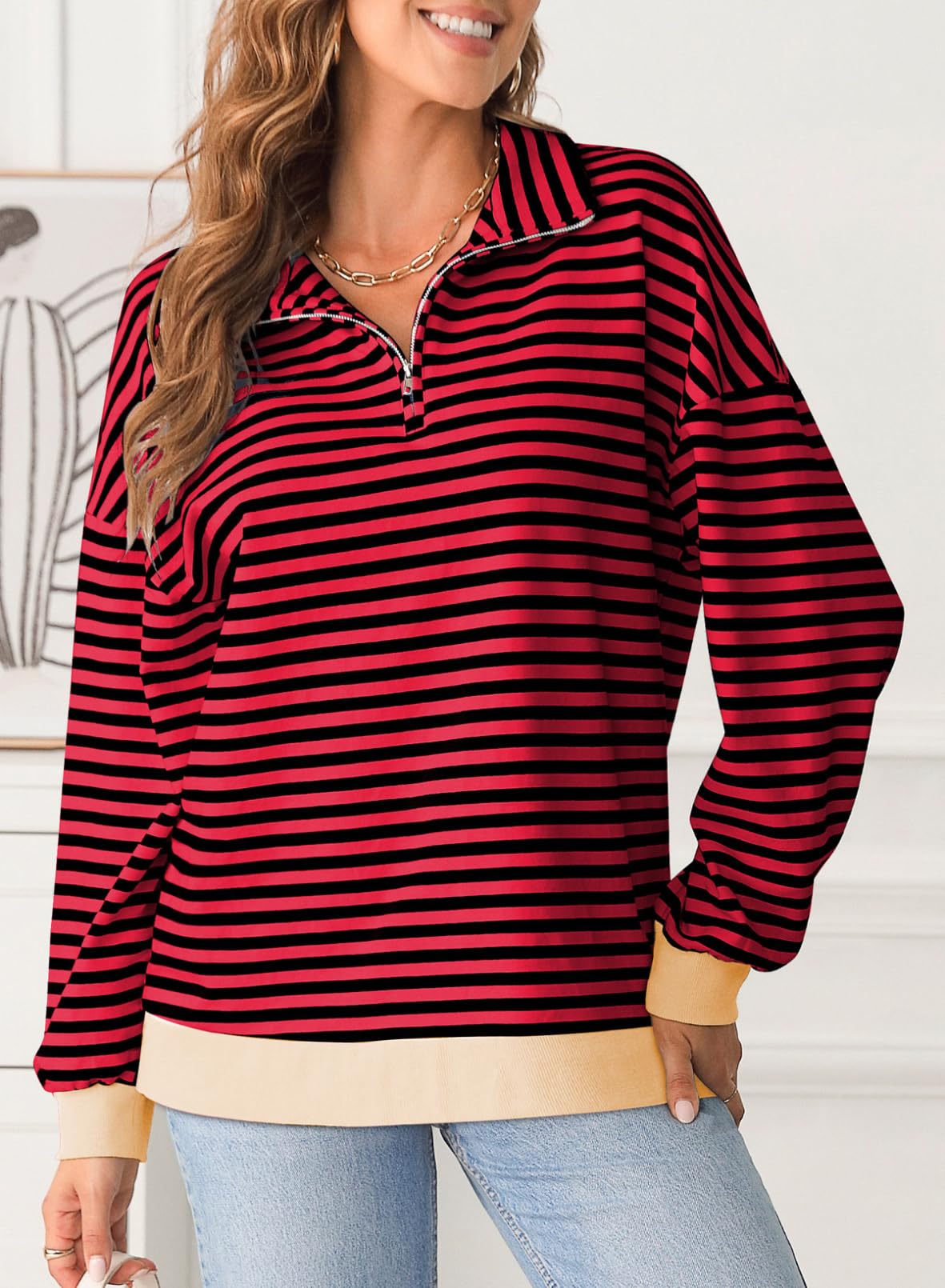 Women Casual Color Block Long Sleeve Shirts Quarter Zip Pullover