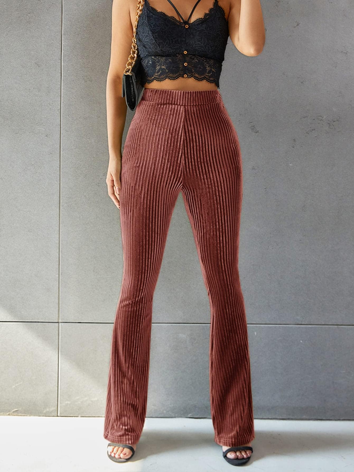 Women's Velvet Elastic Waist Flare Leg Palazzo Long Pants Trousers
