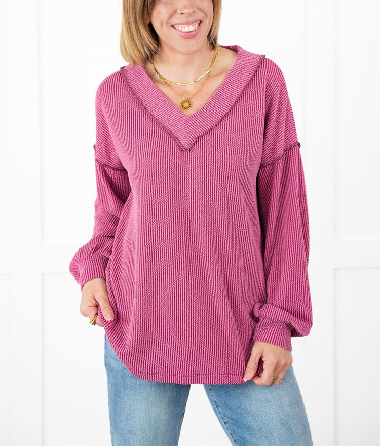 Ribbed Long Sleeve V-Neck Pullover Top