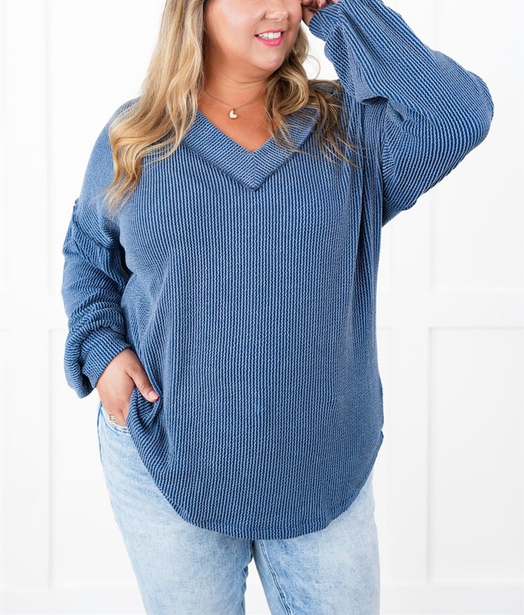 Ribbed Long Sleeve V-Neck Pullover Top