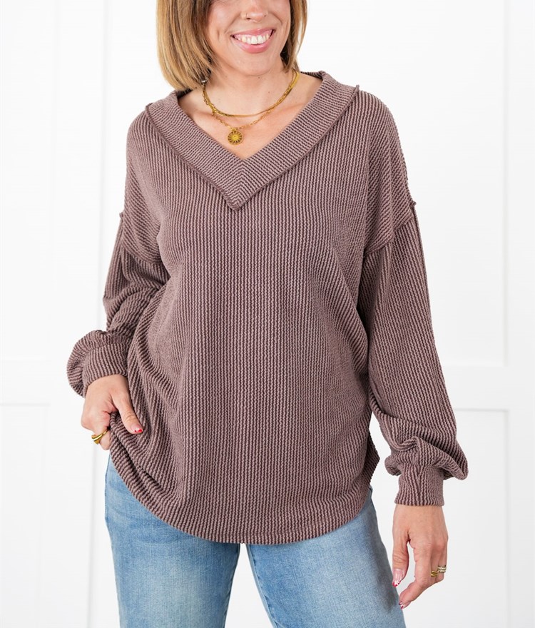 Ribbed Long Sleeve V-Neck Pullover Top