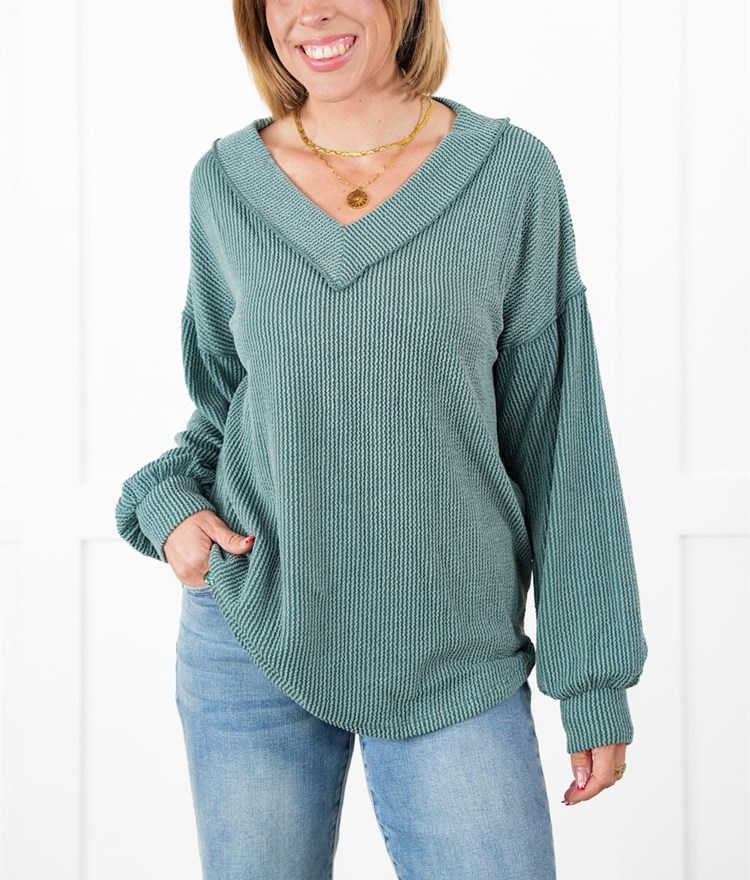Ribbed Long Sleeve V-Neck Pullover Top