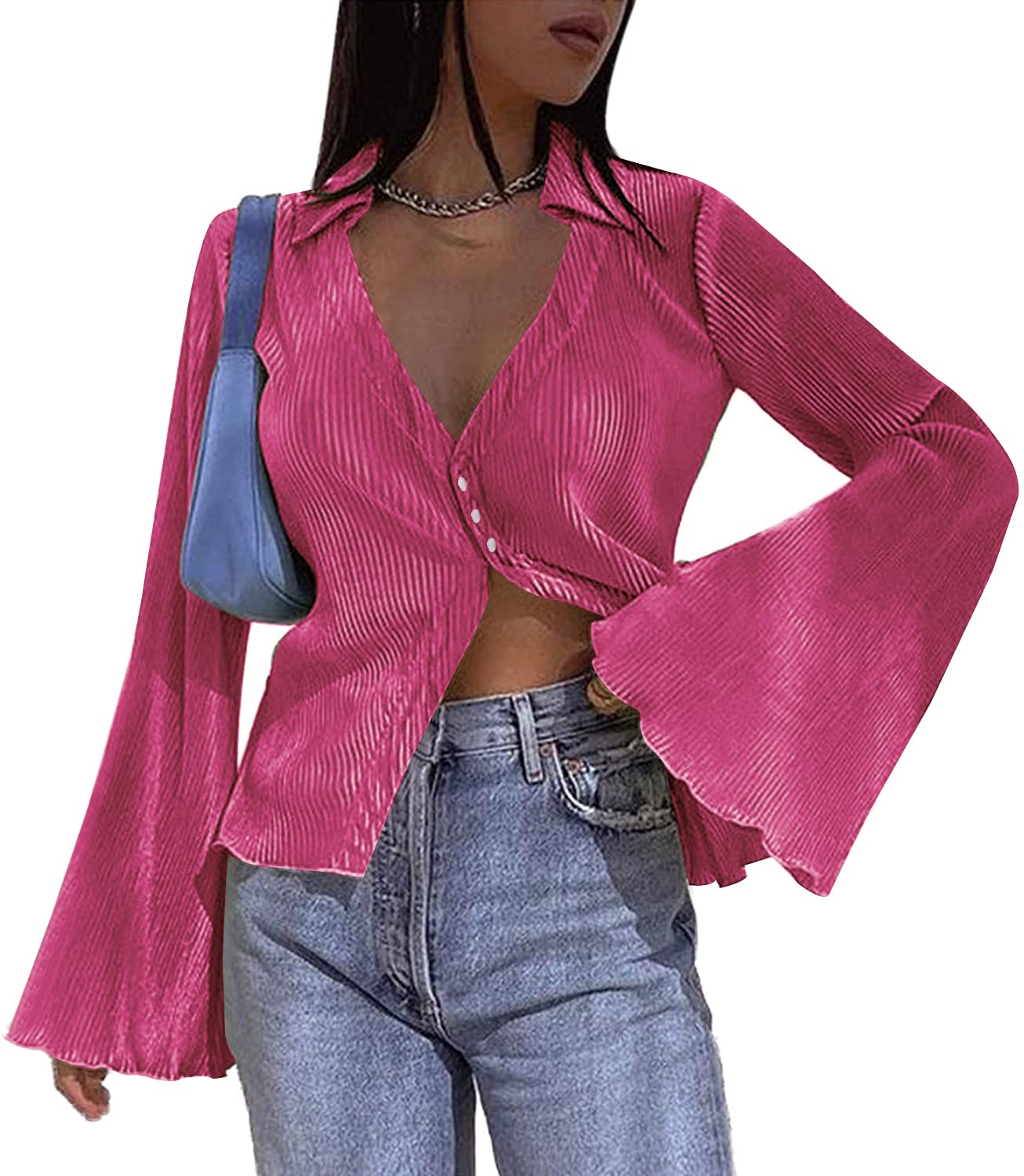 Women's Deep V Neck Shirt  Blouse Bell Long Sleeve Tops