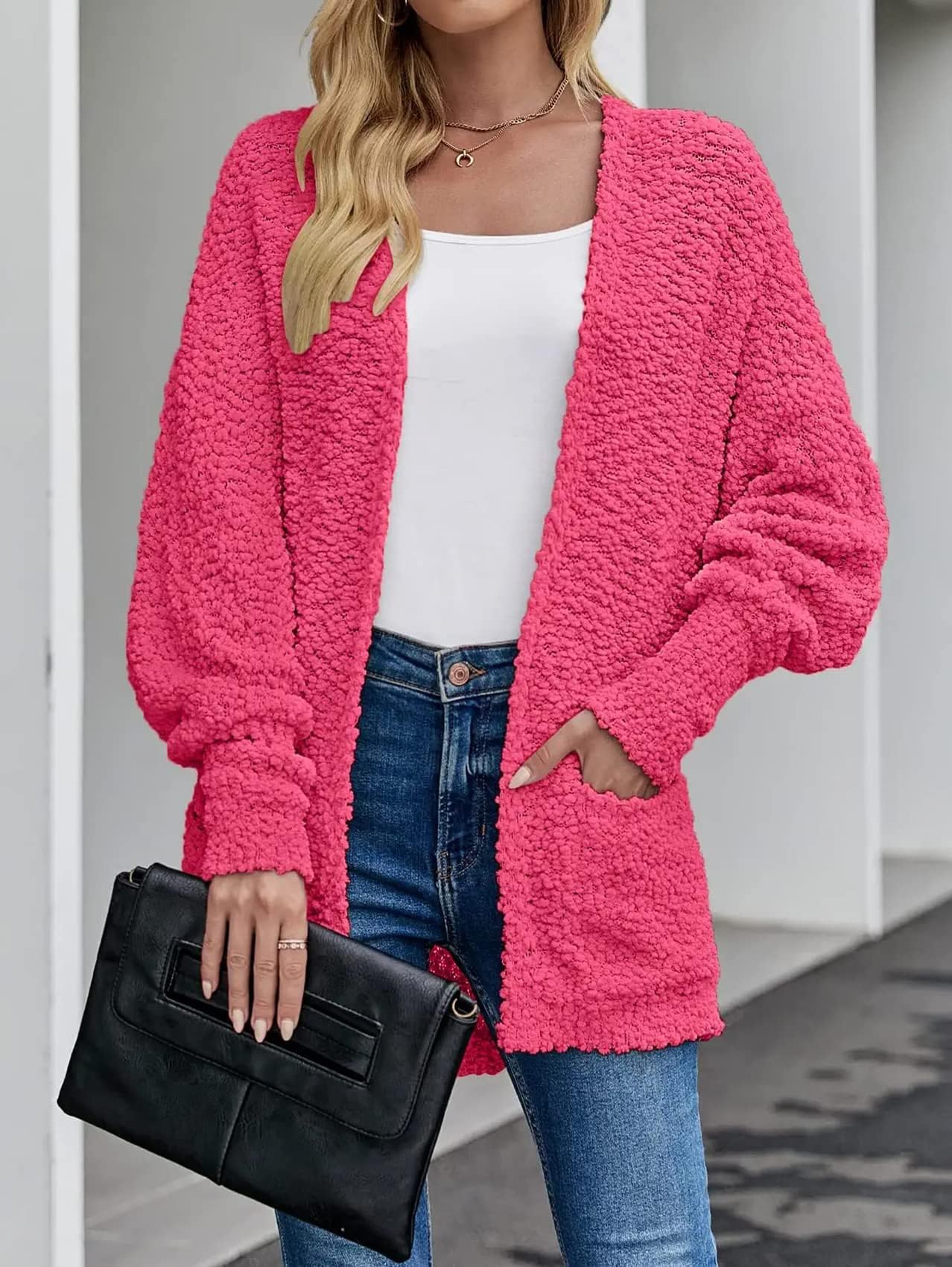 Women's 2024 Fall Winter Popcorn Long Sleeve Open Front Chunky Knit Oversized Cardigan Sweater Coat