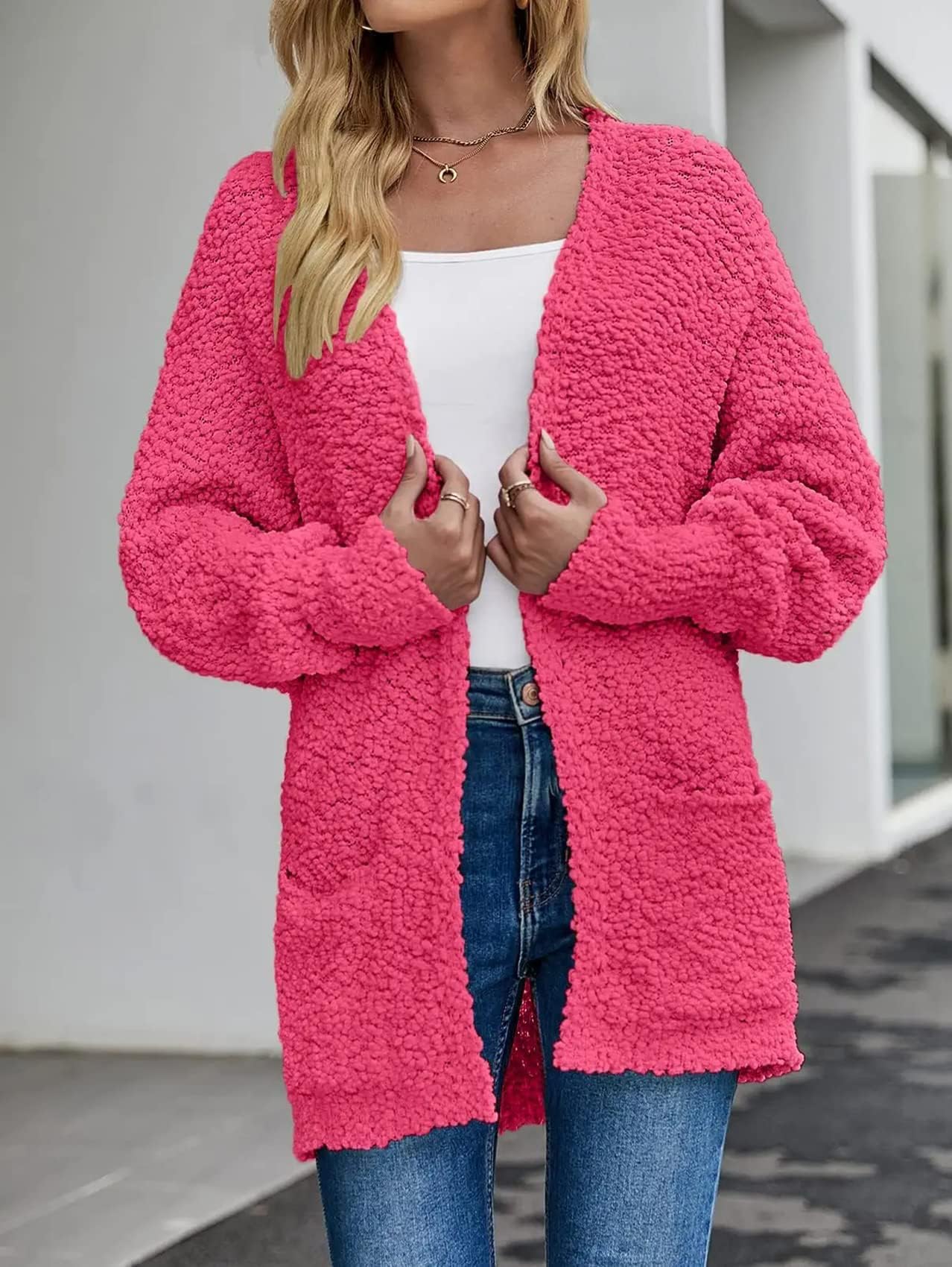 Women's 2024 Fall Winter Popcorn Long Sleeve Open Front Chunky Knit Oversized Cardigan Sweater Coat