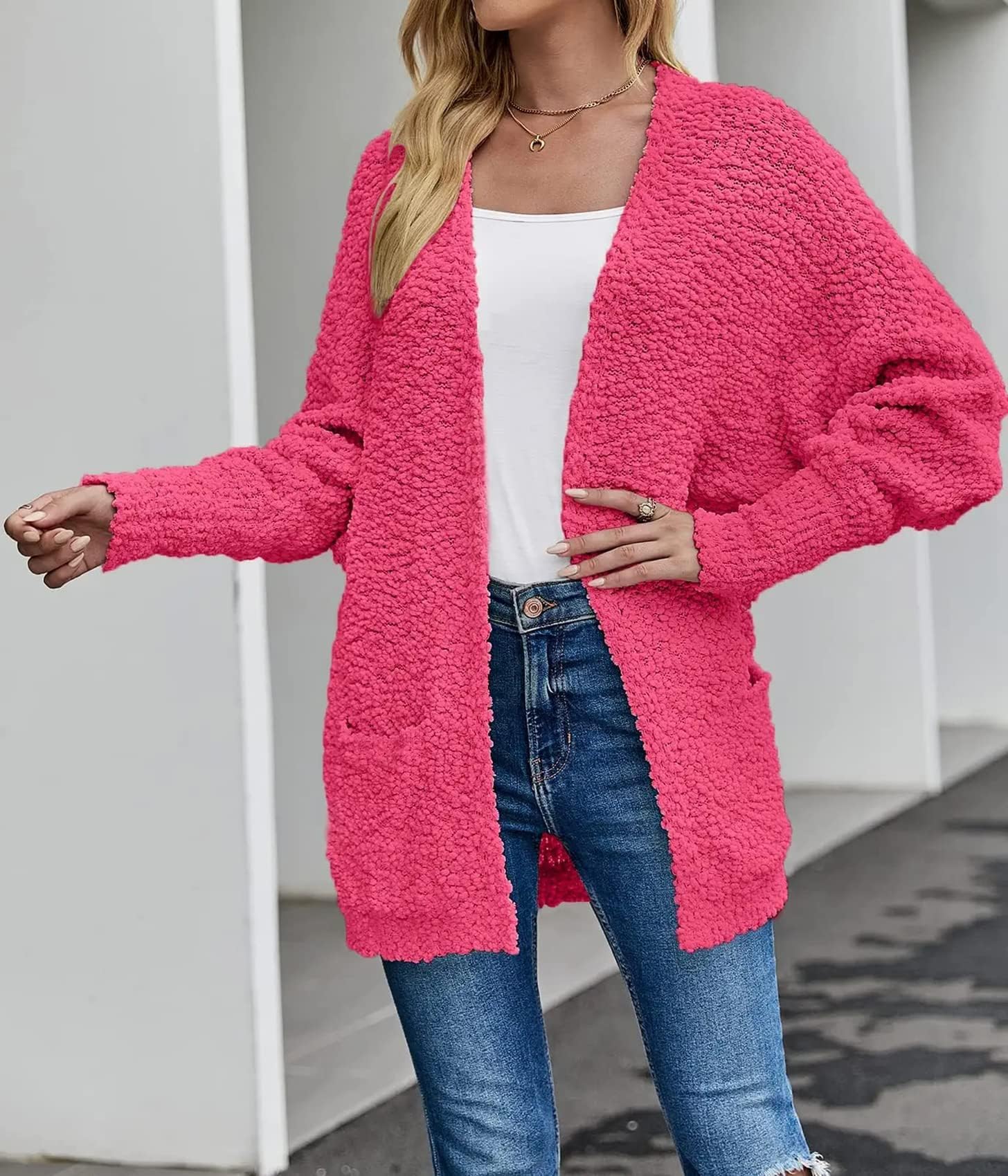 Women's 2024 Fall Winter Popcorn Long Sleeve Open Front Chunky Knit Oversized Cardigan Sweater Coat