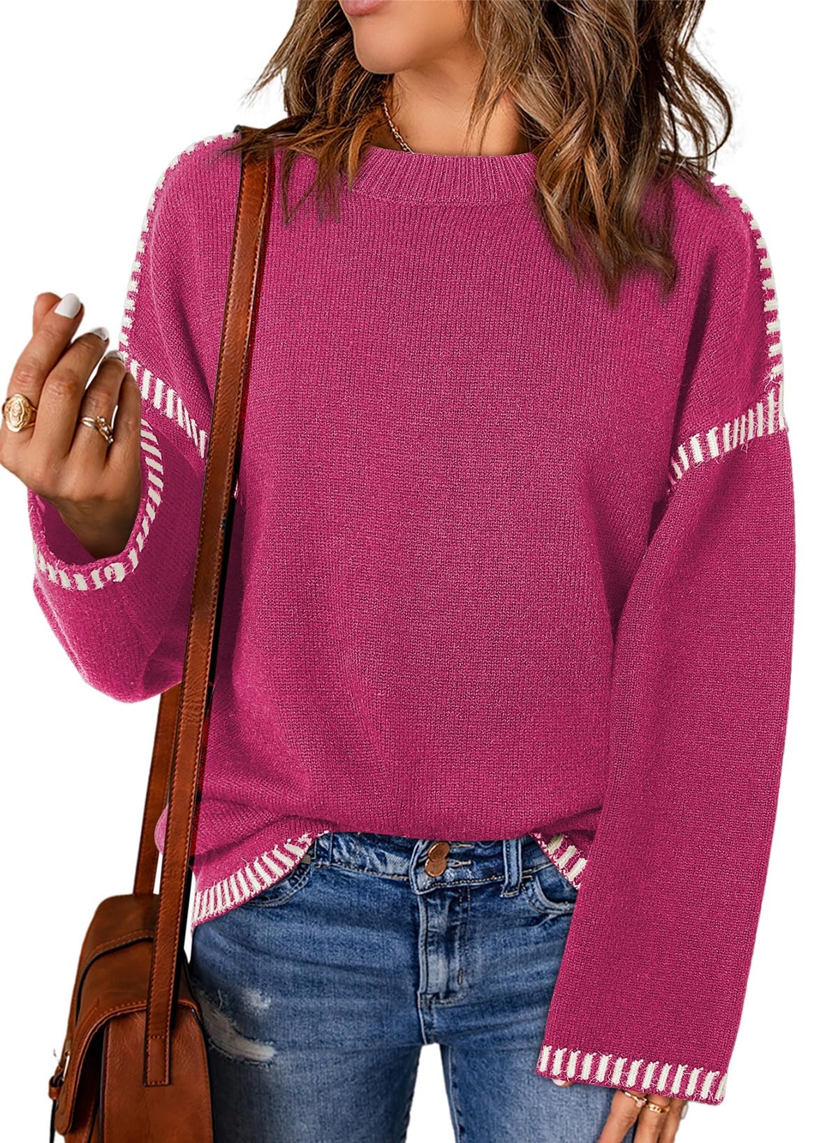 Women's Solid Crewneck Loose Fit Contrast Cable Knit Pullover Sweater