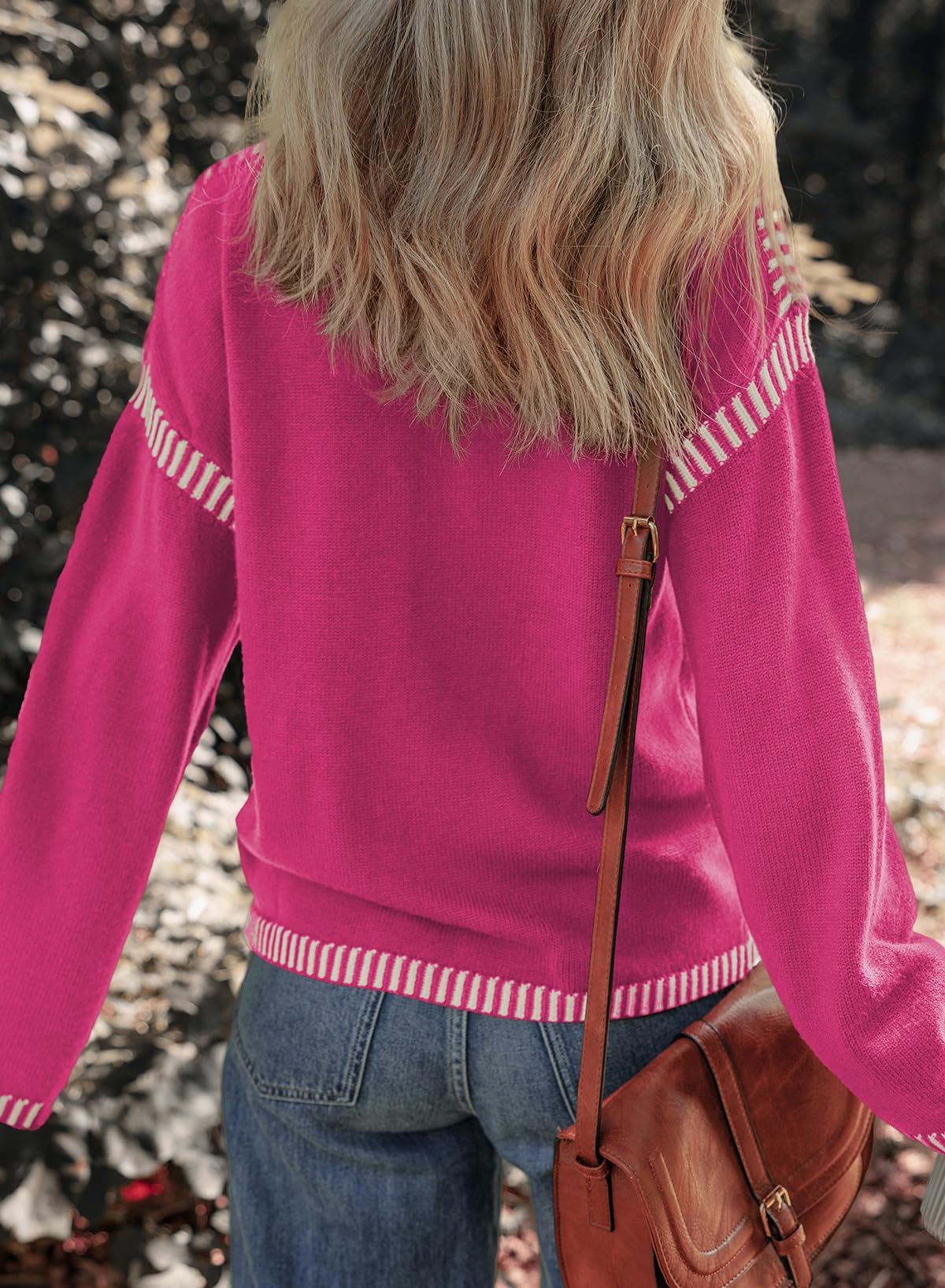 Women's Solid Crewneck Loose Fit Contrast Cable Knit Pullover Sweater