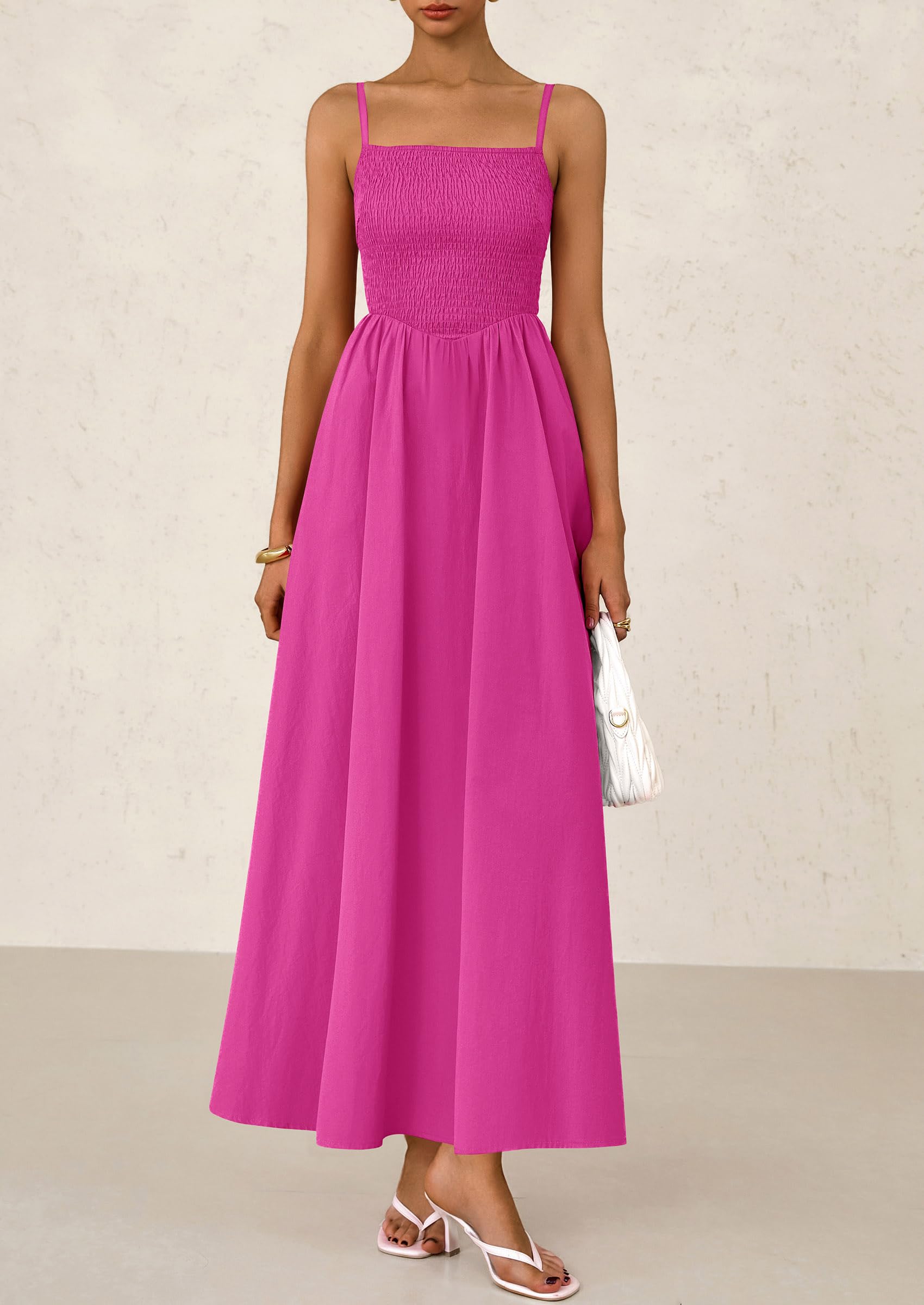 2025 Summer Women's Smocked Maxi Dresses Casual Spaghetti Strap Swing A Line Long Flowy Dress