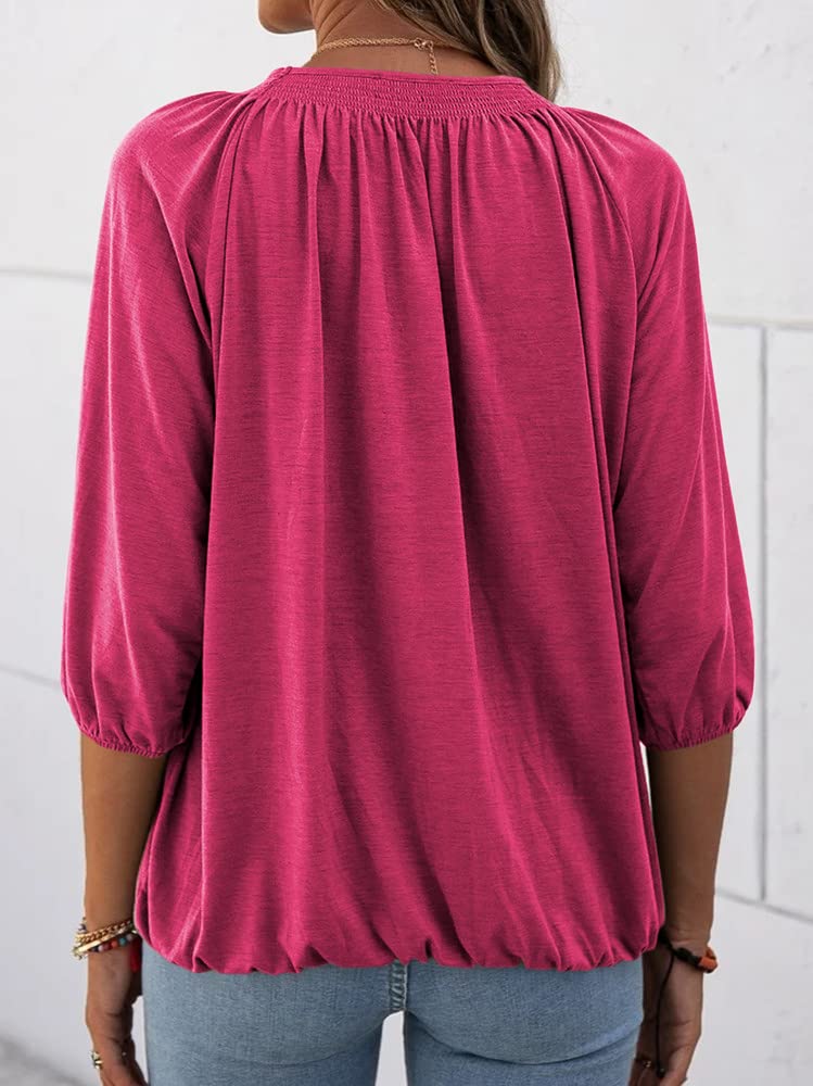 Women's Casual Cotton 3/4 Sleeve Loose Pleated Basic Tops