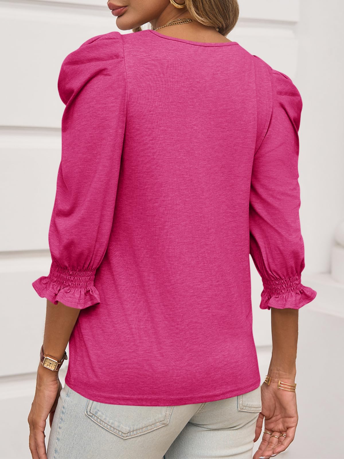 2025 Fall Womens 3/4 Length Puff Sleeve Tops Trendy T Shirts with Smocked Cuffs(BUY 2 FREE SHIPPING)