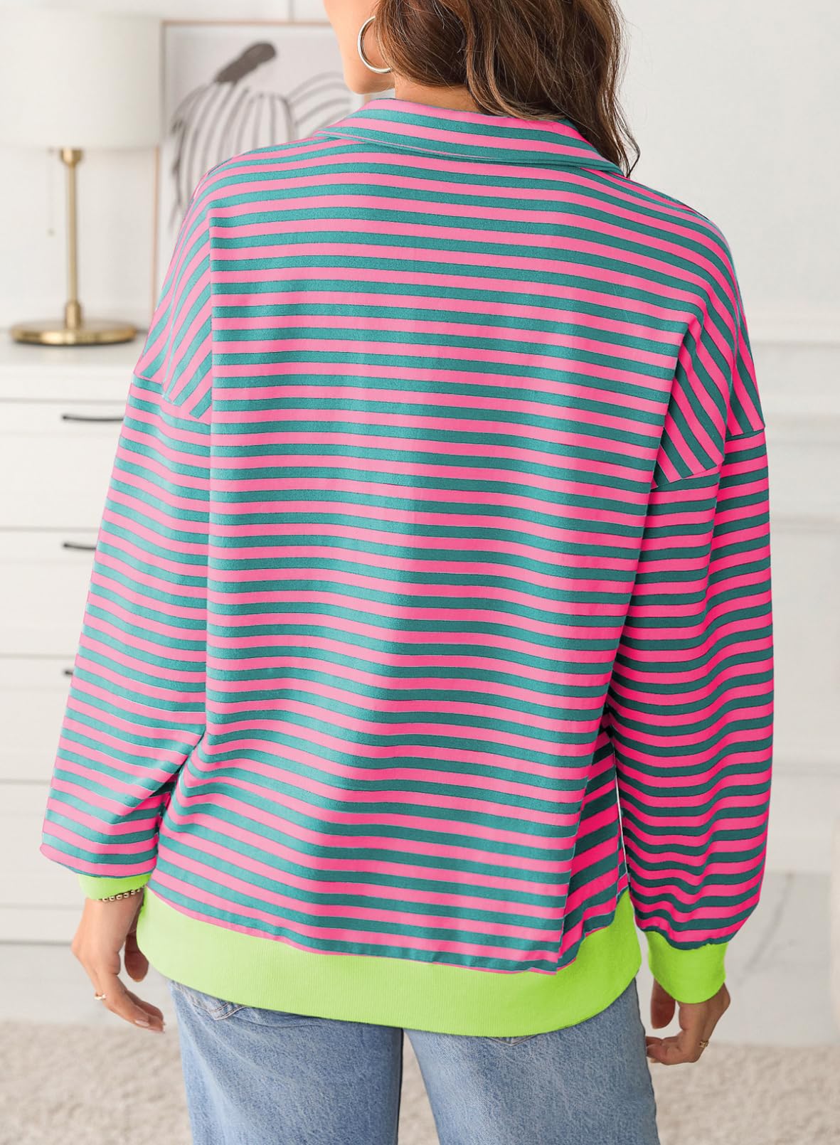 Women Casual Color Block Long Sleeve Shirts Quarter Zip Pullover