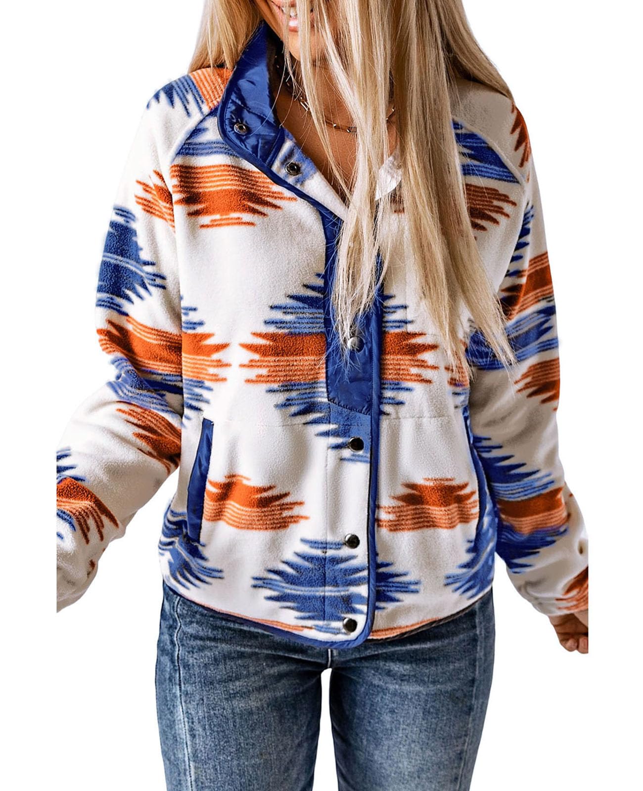Women's Western Aztec Print Long Sleeve Snap Button Down Fleece Jackets with Pockets