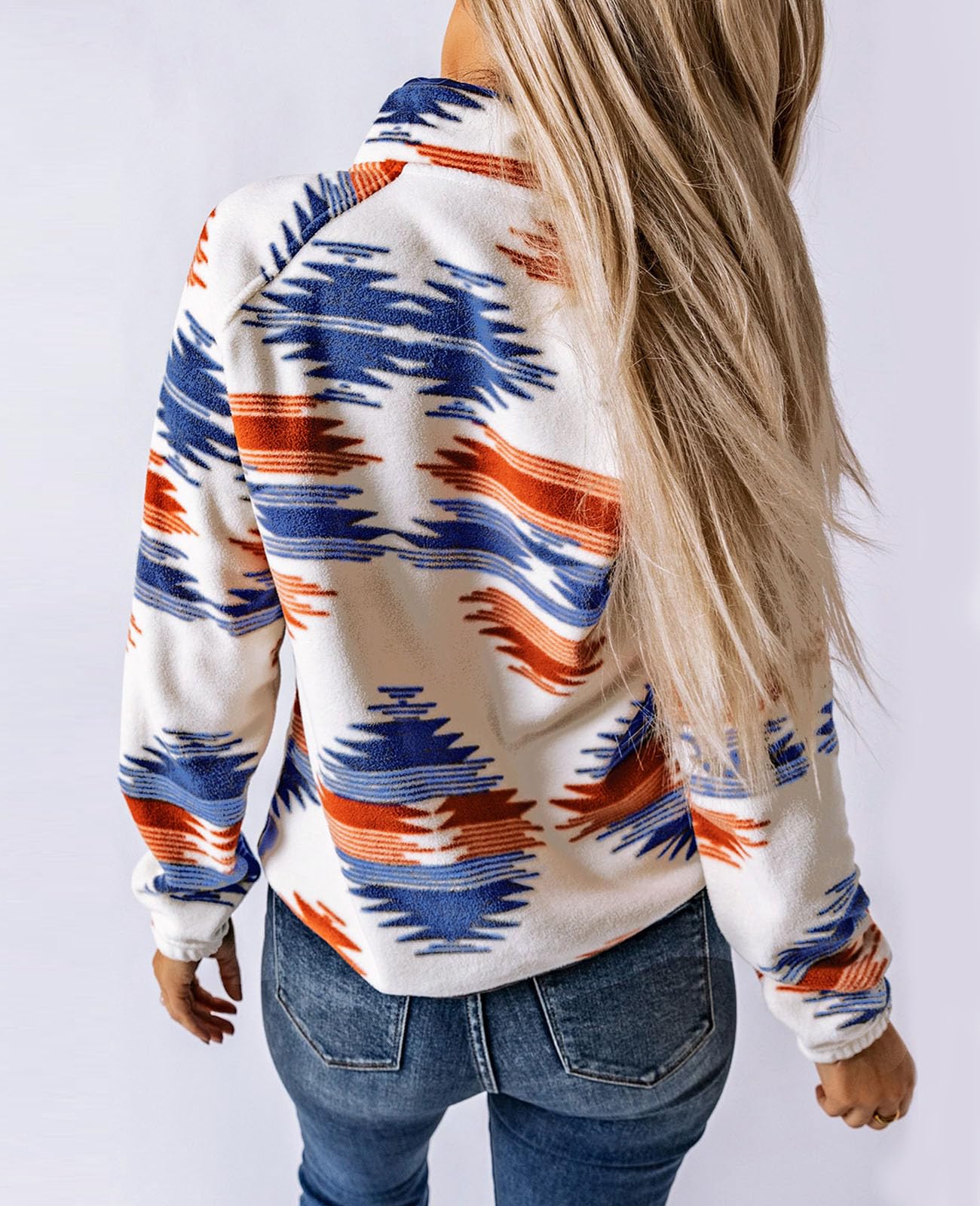 Women's Western Aztec Print Long Sleeve Snap Button Down Fleece Jackets with Pockets