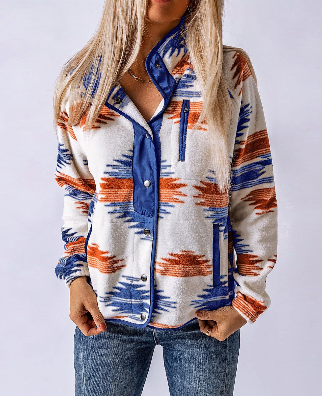 Women's Western Aztec Print Long Sleeve Snap Button Down Fleece Jackets with Pockets