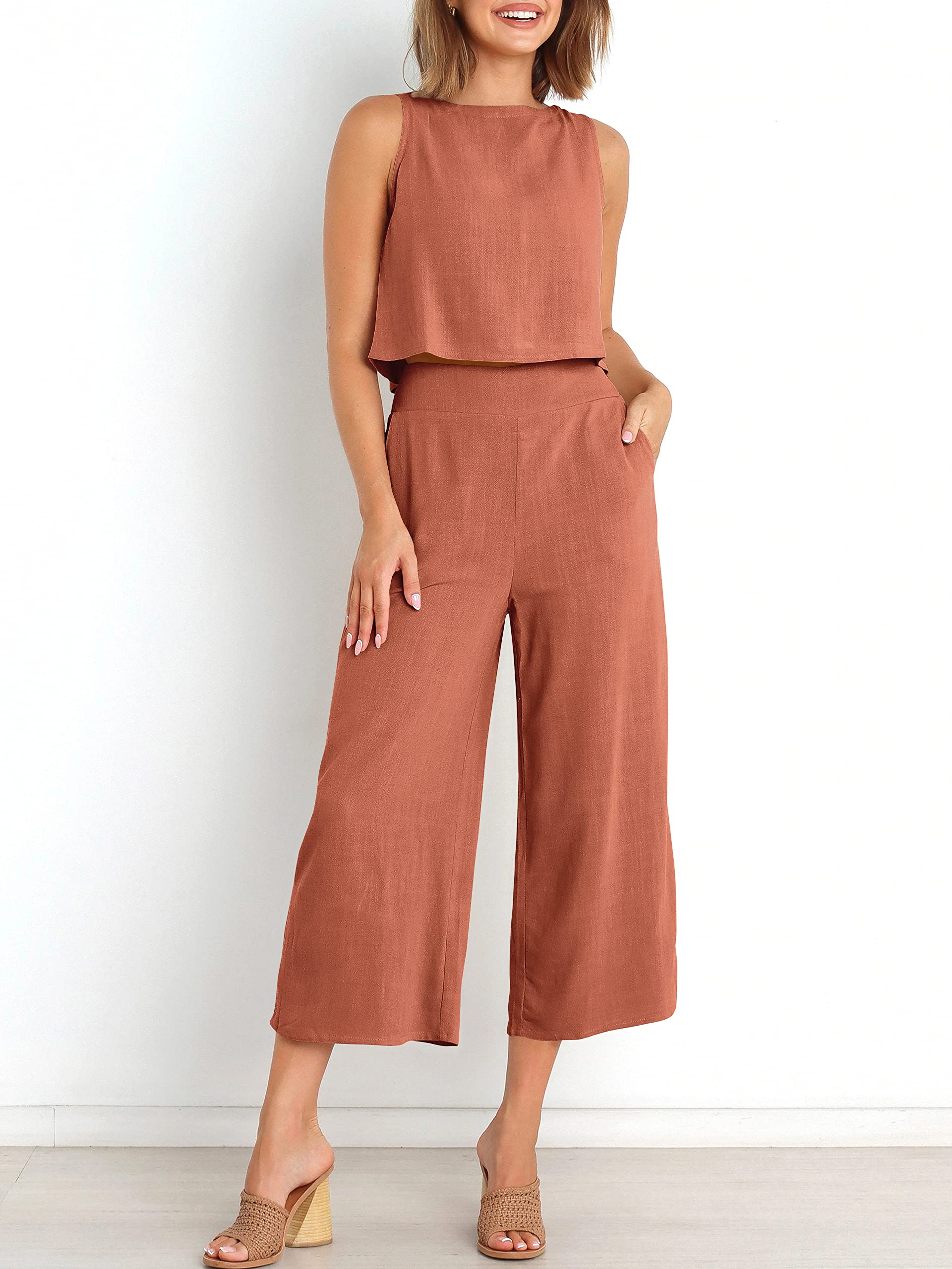 Sleeveless Tank Wide Leg Pants With Pockets-hivebabe.com