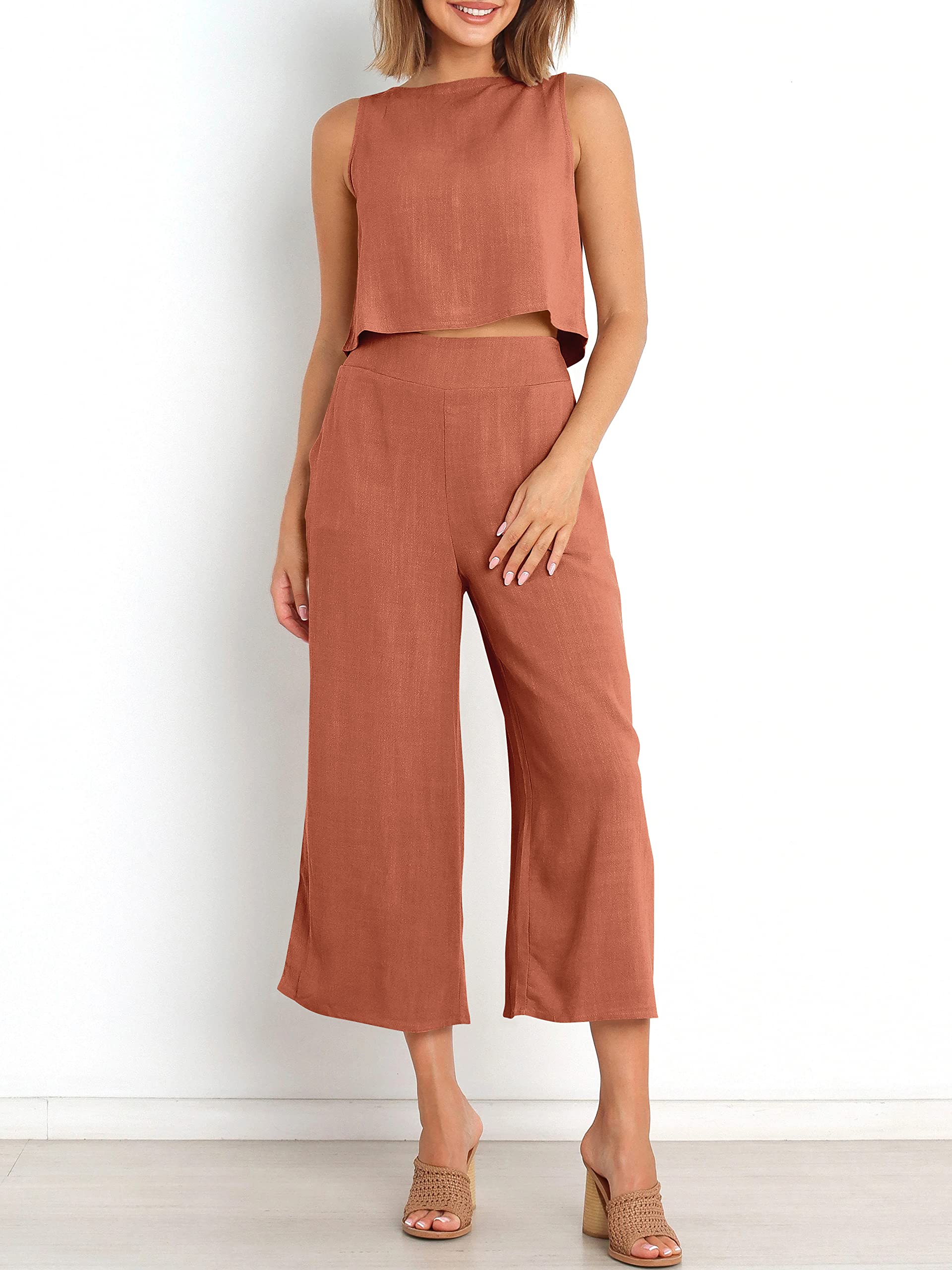Sleeveless Tank Wide Leg Pants With Pockets-hivebabe.com