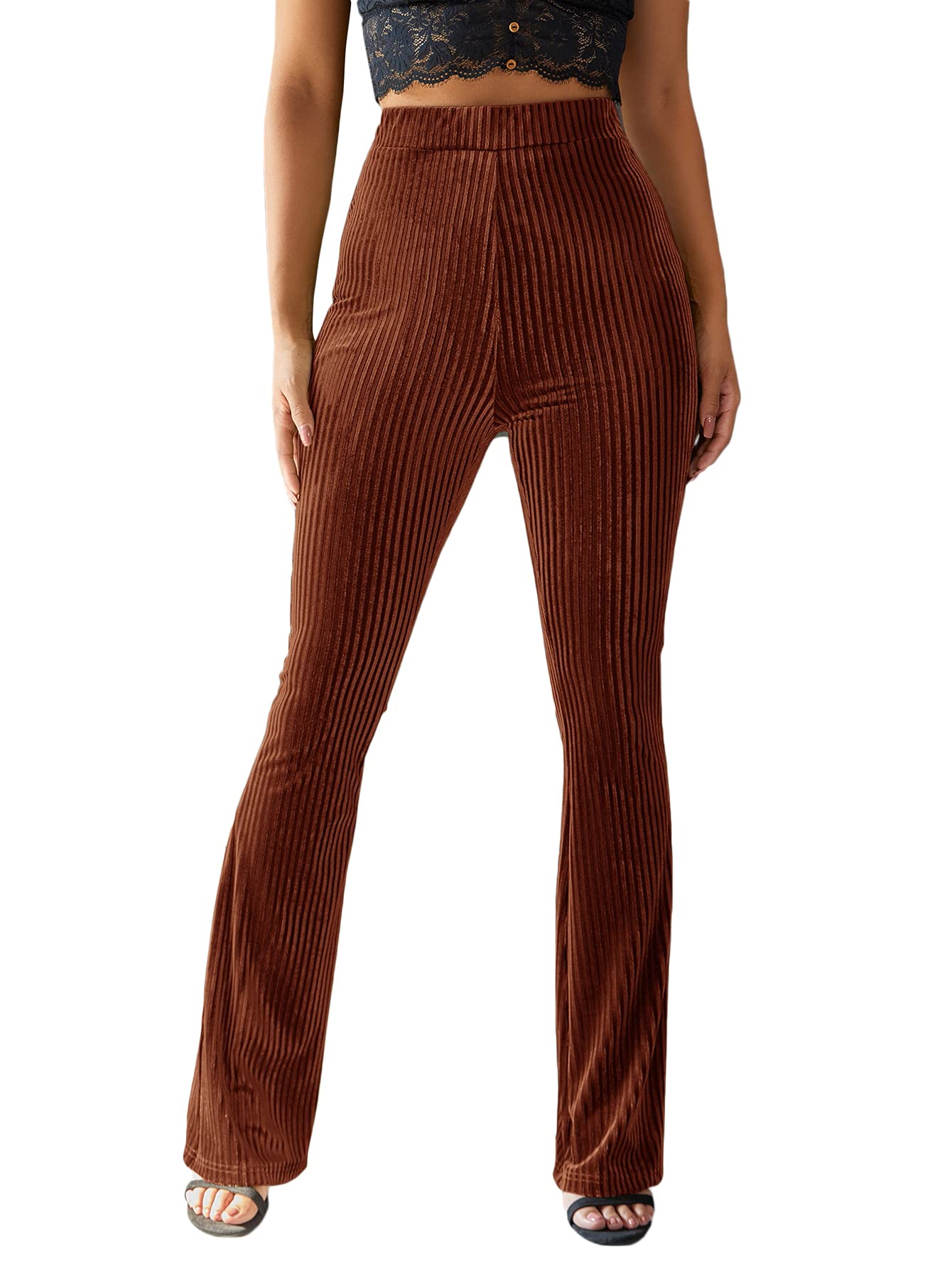 Women's Velvet Elastic Waist Flare Leg Palazzo Long Pants Trousers