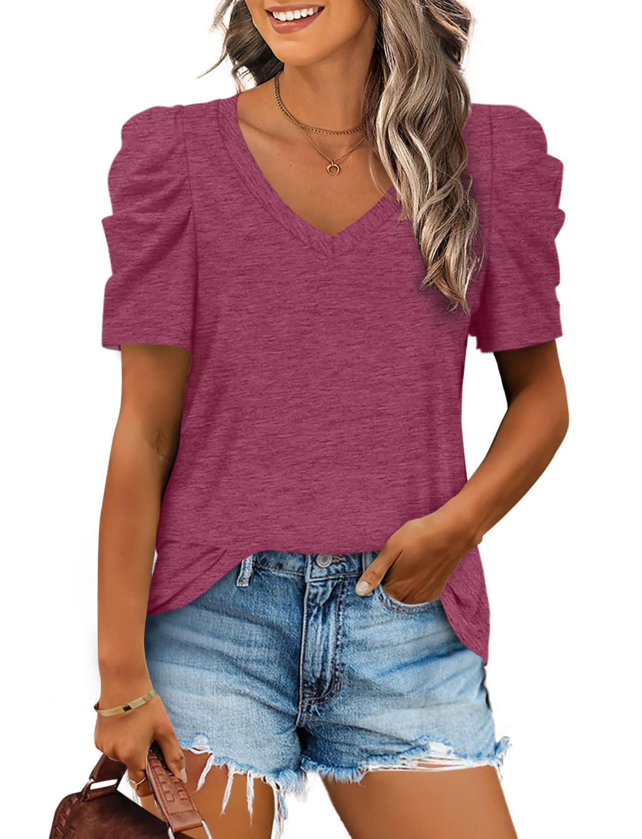 2025 Women's Summer V Neck Puff Sleeve Tshirts(BUY 2 10% off)