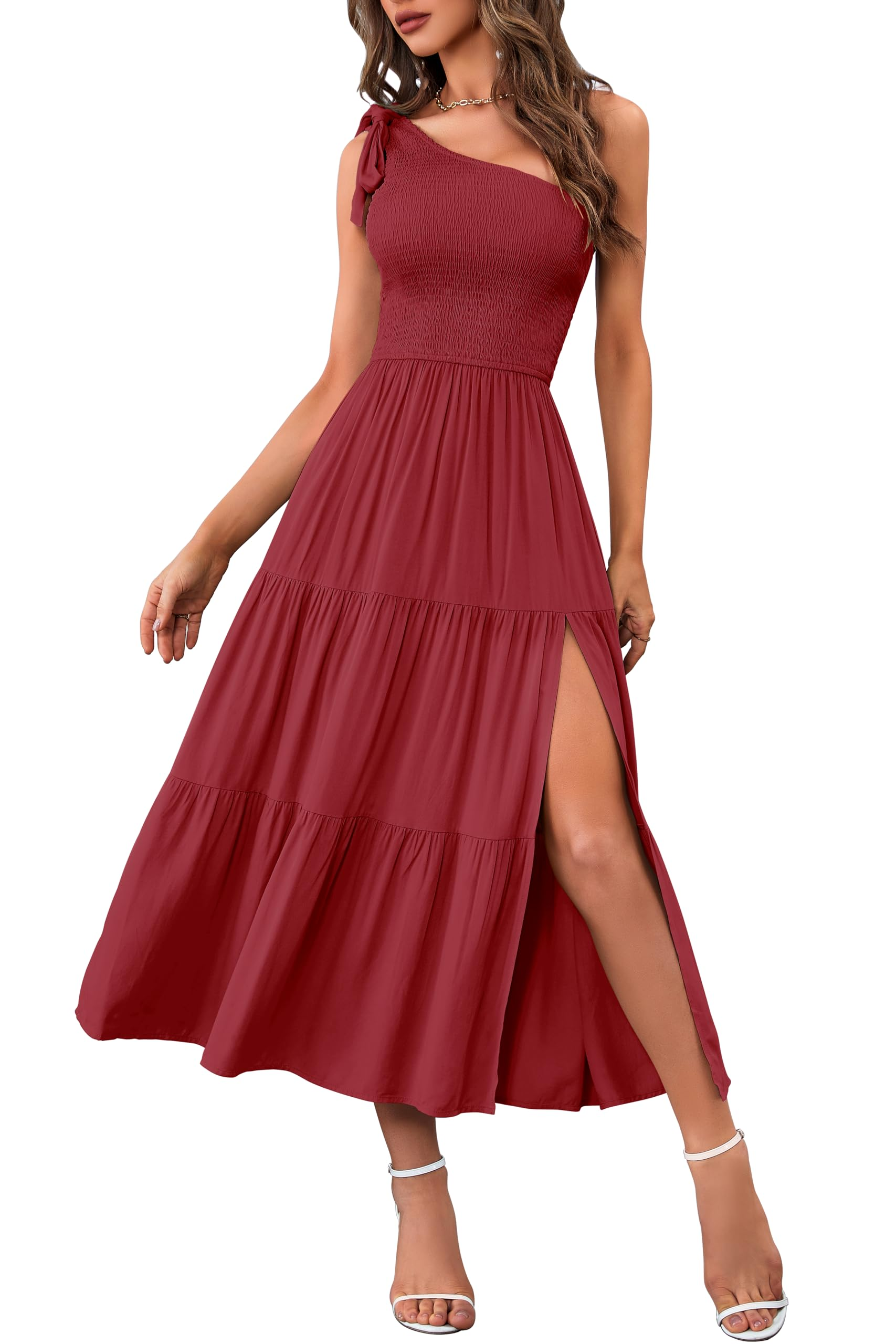 Women's Summer One Shoulder Sleeveless Knot Smocked Midi Dress