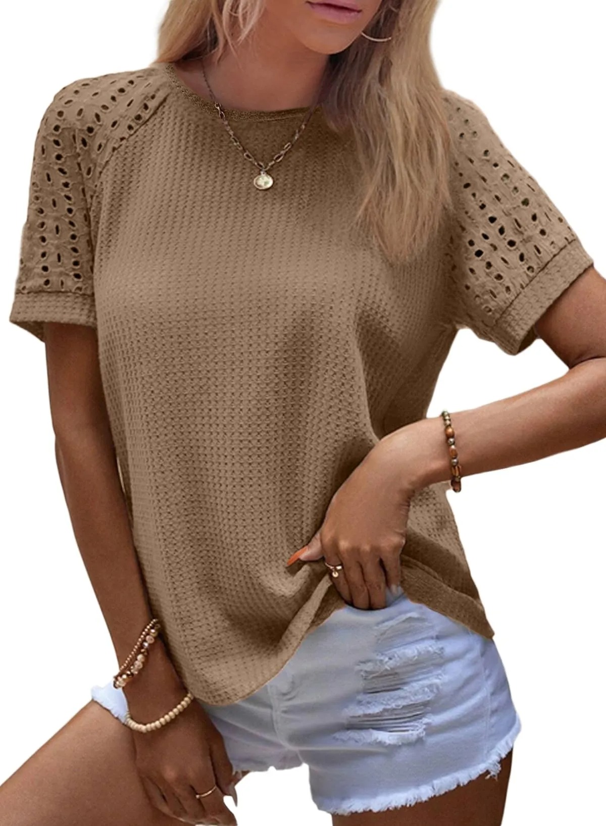 HOT SALE Women's Casual Crew Neck Hollow Out Raglan Short Sleeve Waffle Knit Tops