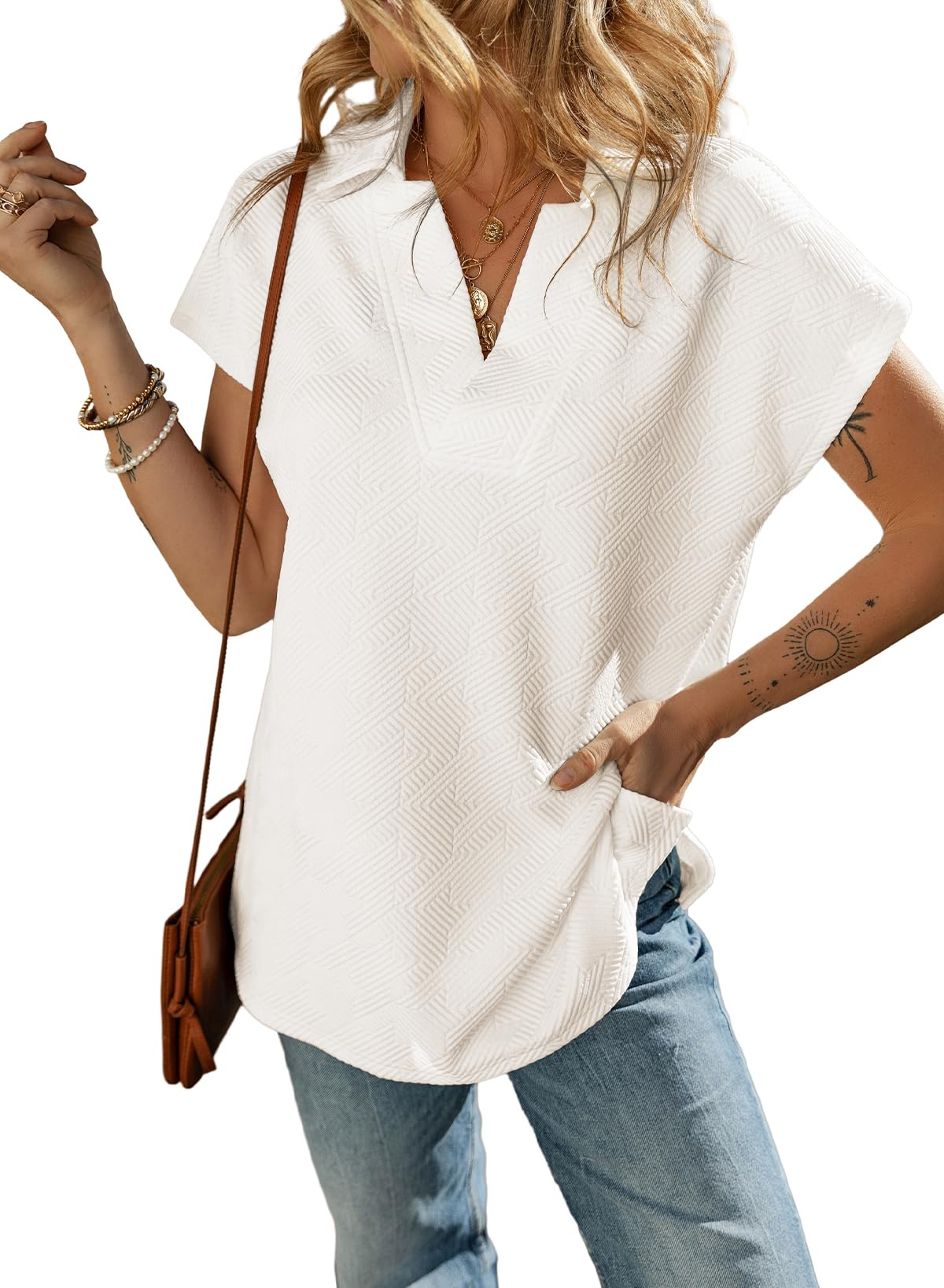 2025 New Women's Casual Collared V Neck Short Sleeve T Shirt(buy 2 free shipping)