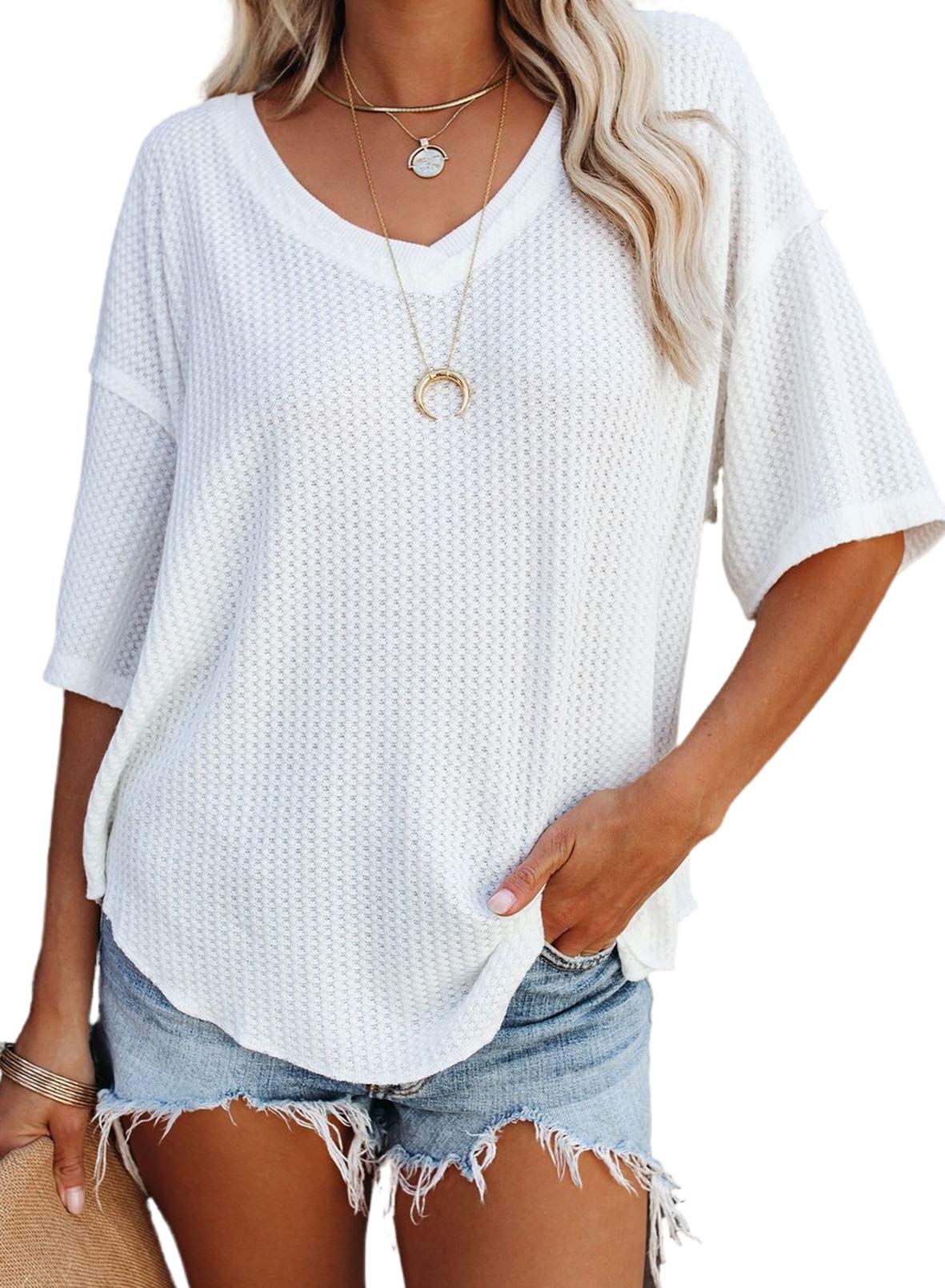 2025 New Women's Causual V Neck Short Sleeve Shirts Waffle Knit Loose Tunic Tops(buy 3 free shipping)
