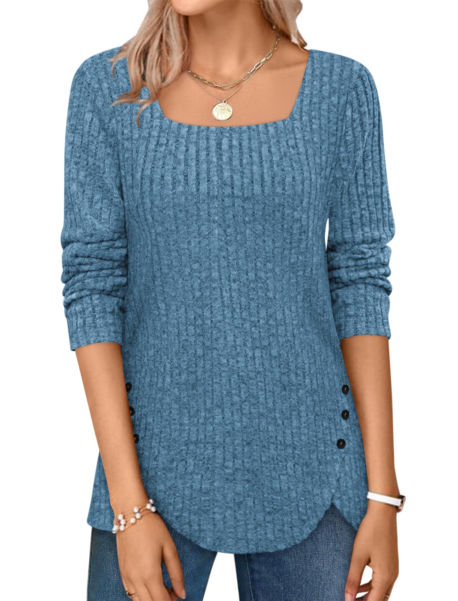 ⏰Hot Sale-2024 Squared Neck Sweater Ribbed Knit Tunic Tee Shirts
