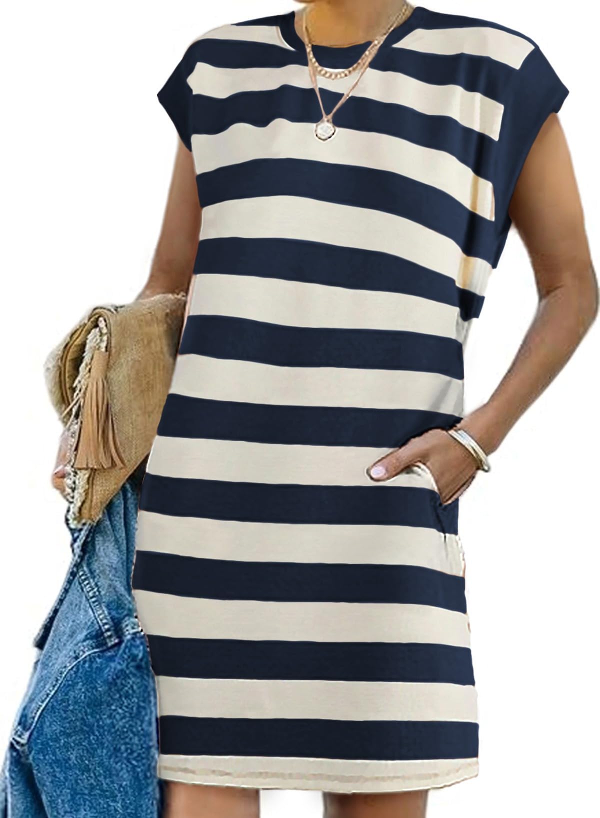 🔥2024 Summer Hot🔥Women's Cap Sleeve Color Block T-shirt Dress