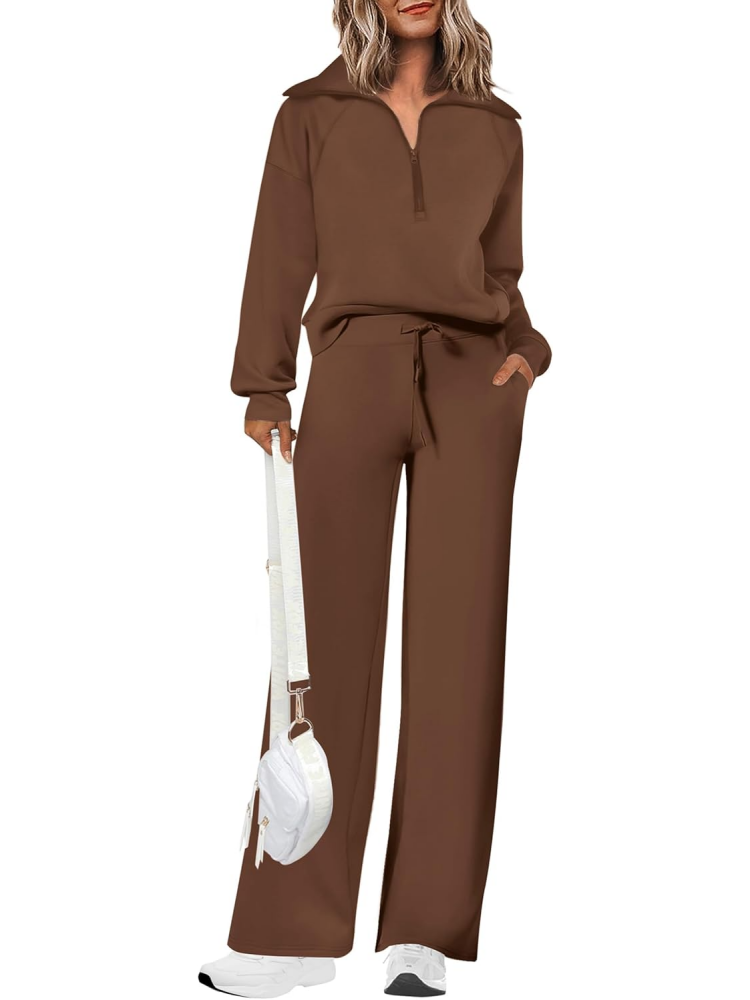 Women's Lapel Half Zip Sweatshirts And Wide Leg Pants Tracksuit Sets (Buy 2 Free Shipping)