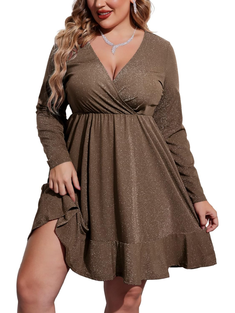 Womens Glitter Dress V Neck Long Sleeve Ruffle Hem Glitter Dress