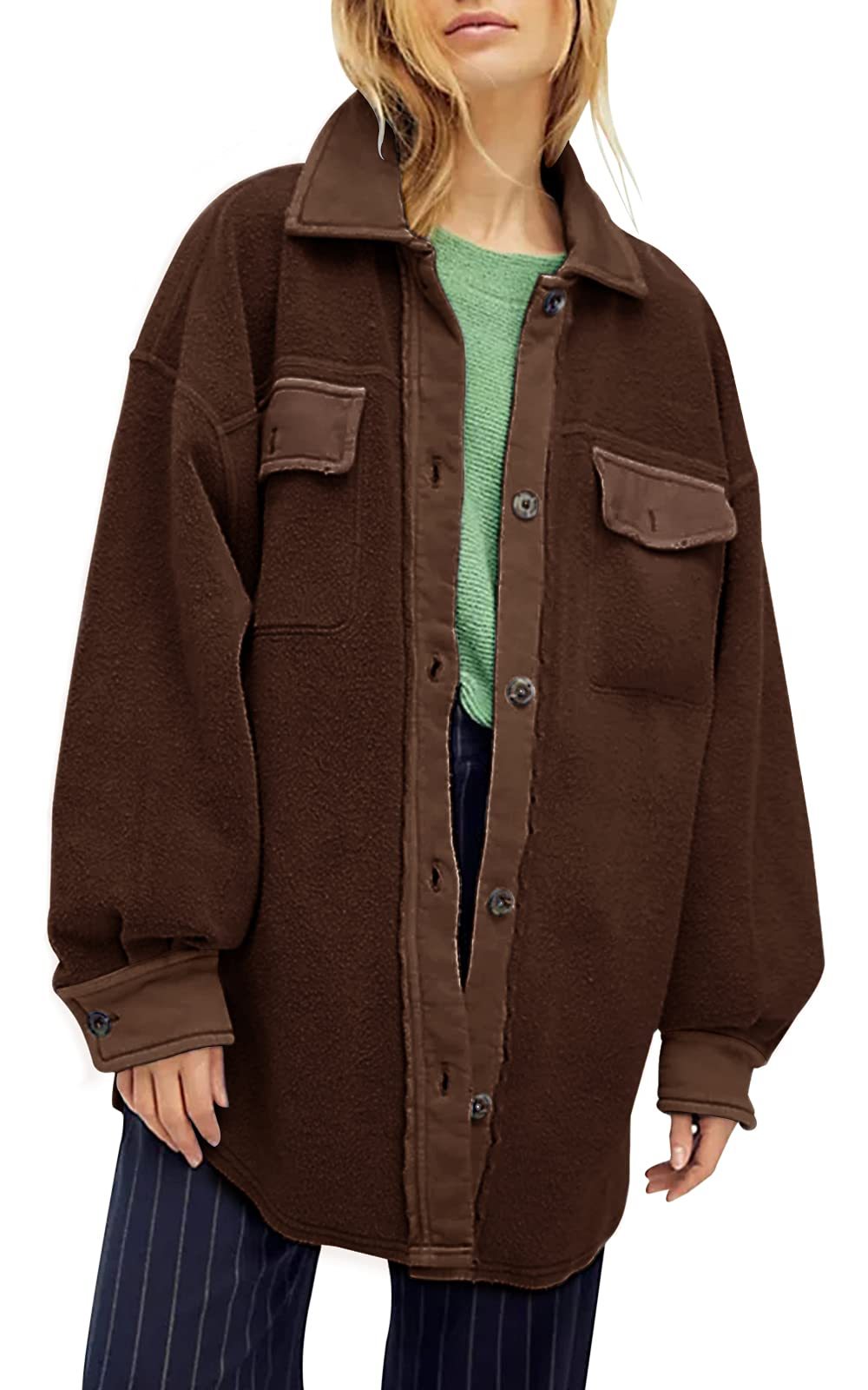 HOT SALE Women's Oversized Fleece Long Sleeve Button Down Shirt Jacket