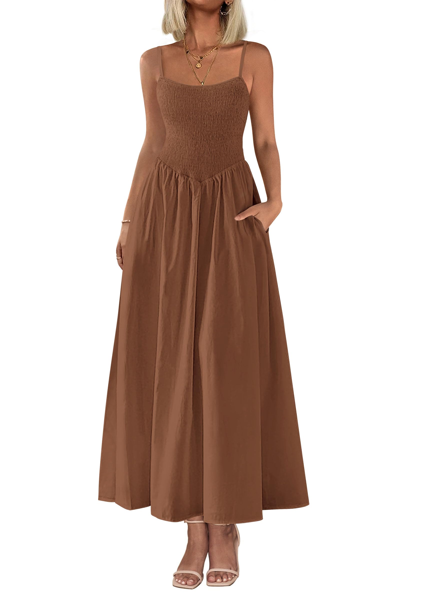 2025 Summer Women's Smocked Maxi Dresses Casual Spaghetti Strap Swing A Line Long Flowy Dress