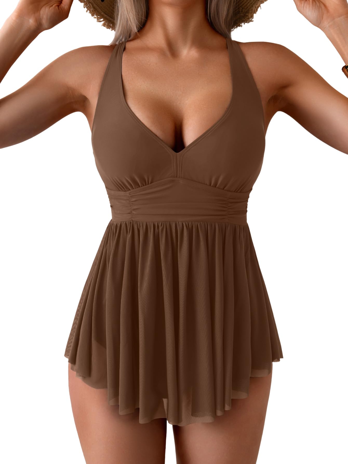 HOT SALE Women's One Piece Swim Dress Swimsuit Tummy Control Mesh Swimdress