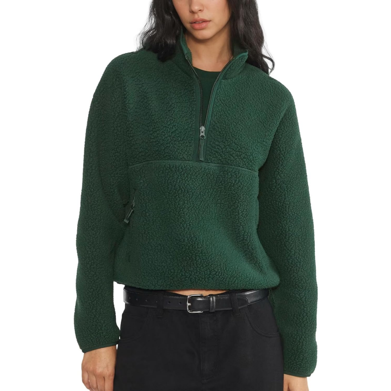 Womens Cropped Half Zip Fuzzy Warm Sherpa Fleece Pullover with Zipper Pockets
