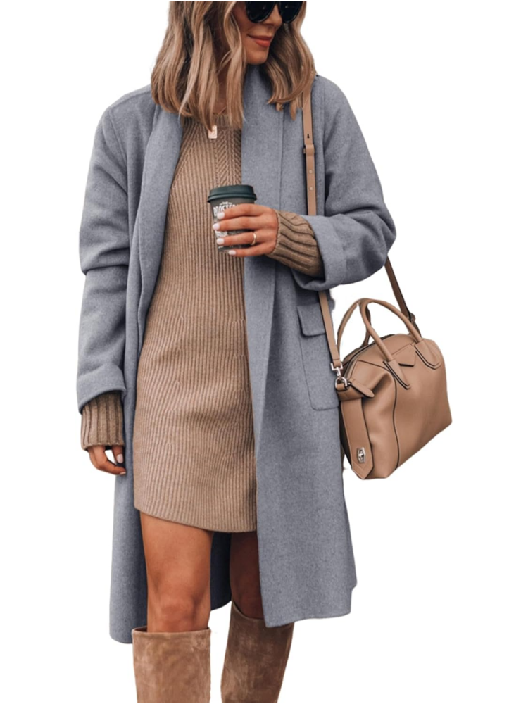 Women's Long Cardigan Wool Coat Open Front Pockets Warm Lapel Jacket Coat