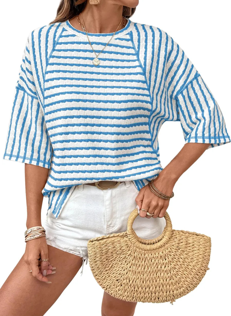 Women Stripe Textured Knit Split Hem Top (buy 2 free shipping)
