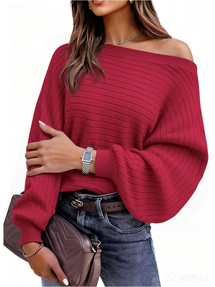 Women's loose boat neck pullover long-sleeved knit sweater