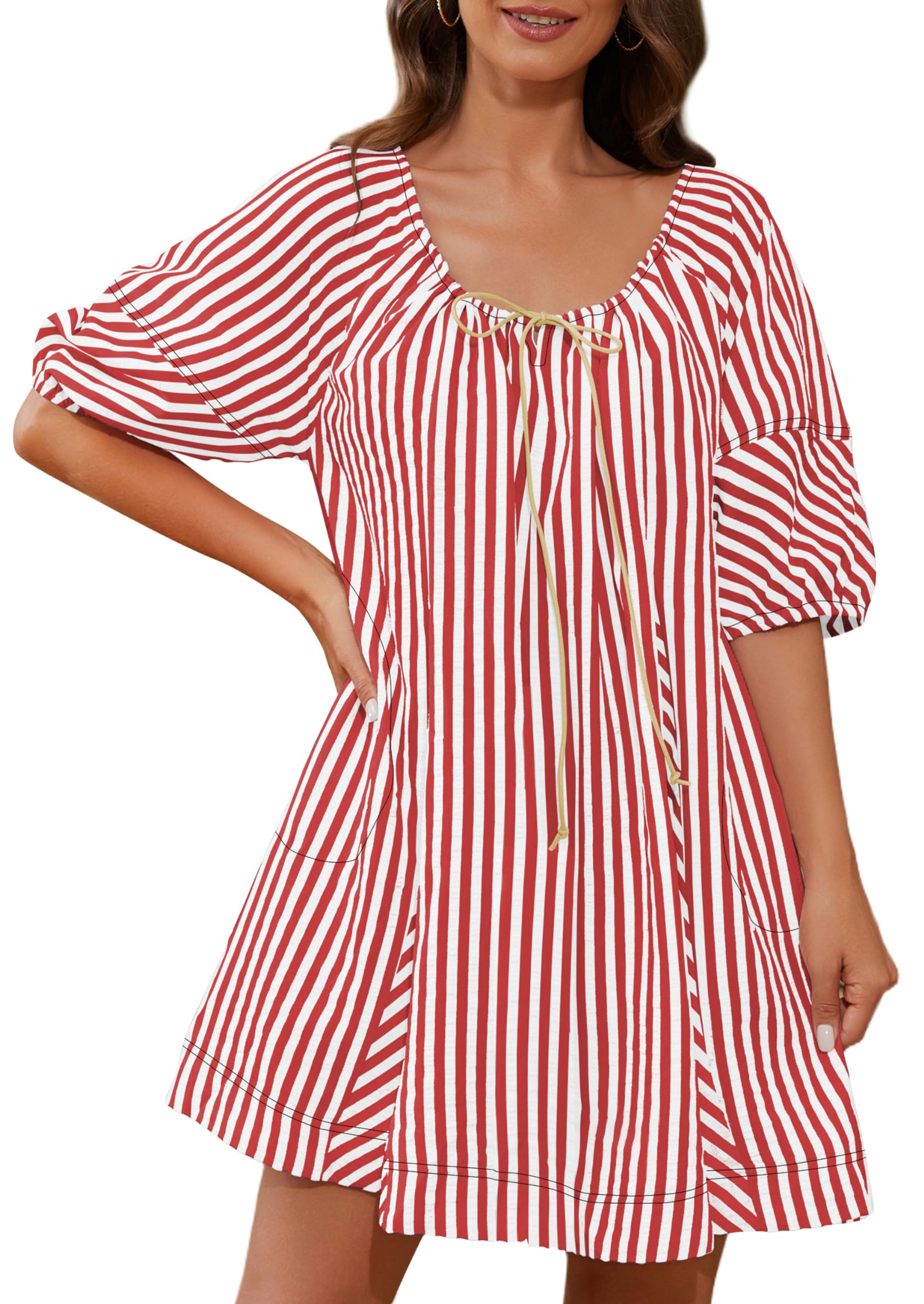 🔥2024 Summer Hot🔥Striped Puff Sleeve Scoop Neck Keyhole Back Swing Dress