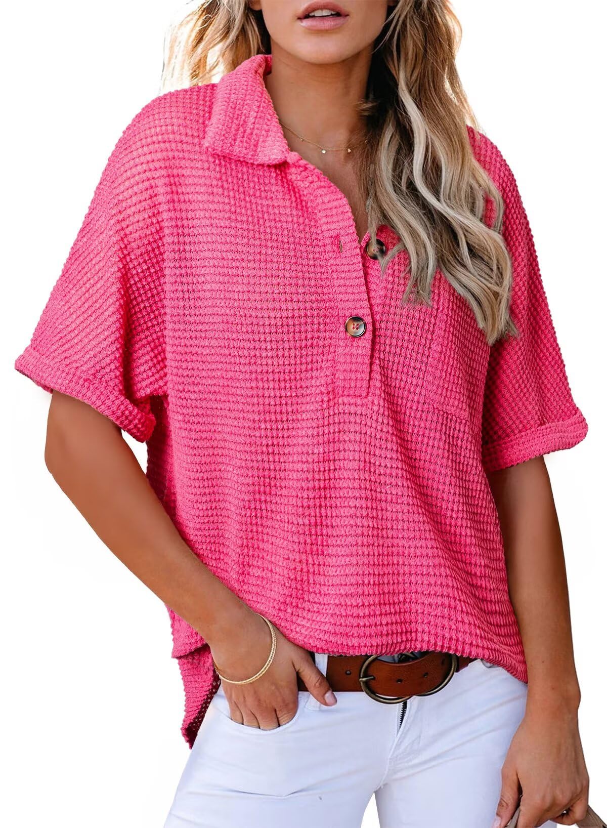 2025 New Women's Waffle Knit Short Sleeve Tunic Henley Shirts(buy 2 10% OFF)