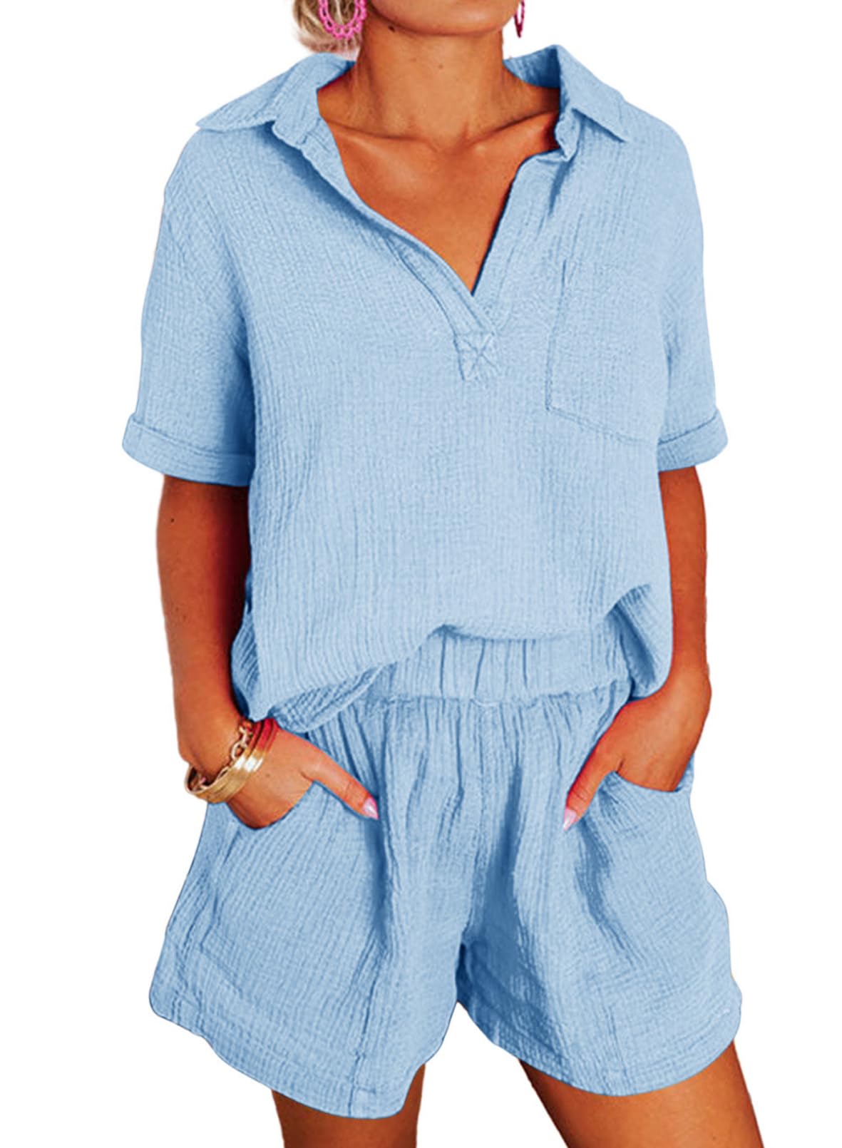 Women's Two Piece Outfits V Neck Short Sleeve Shirts and High Waist Shorts Lounge Sets