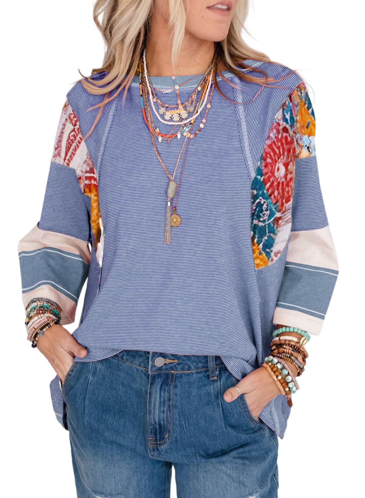 2025 New Women's 3/4 Length Sleeve Oversized Striped Patchwork Shirts(buy 2 free shipping)