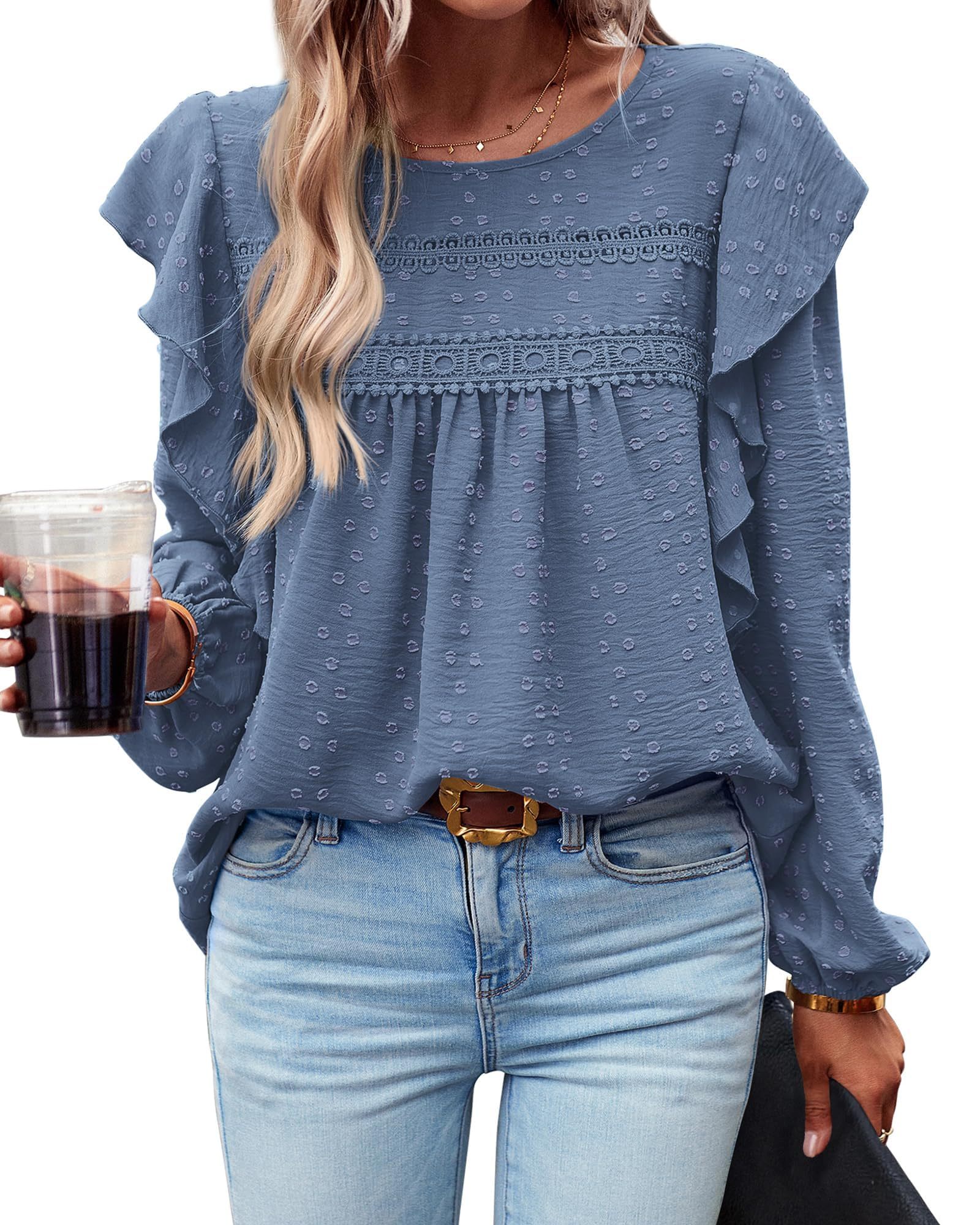 HOT SALE Women's Long Sleeve Ruffle Swiss Dot Crochet Tops