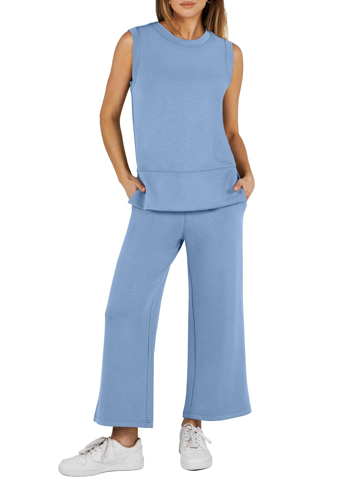 Women's Sleeveless Slit Hem Wide Leg Suit Casual Two Piece Set