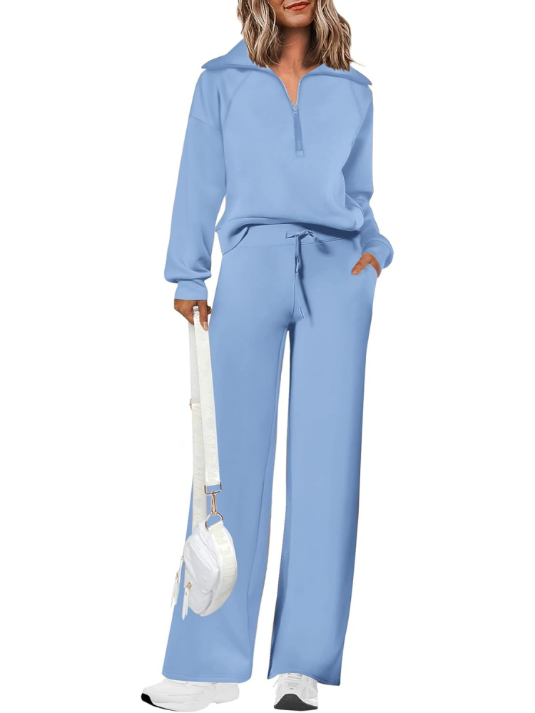 Women's Lapel Half Zip Sweatshirts And Wide Leg Pants Tracksuit Sets (Buy 2 Free Shipping)